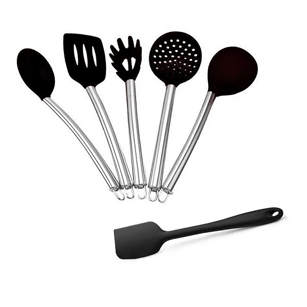 Kit Conjunto Utensílios Profissional 6 Peças Cozinha Silicone Inox Pão Duro