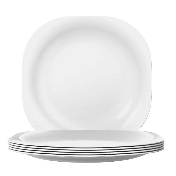 Jogo 6 Pratos Rasos Quadrado Opaline Vidro Branco 27 cm