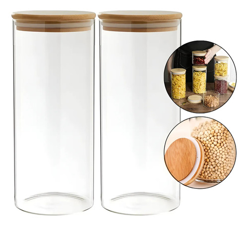 Kit 2 Potes Herméticos De Vidro Com Tampa De Bambu 1200ml