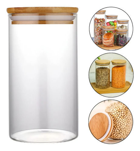 Pote Hermético De Vidro Com Tampa De Bambu 900ml Mantimentos