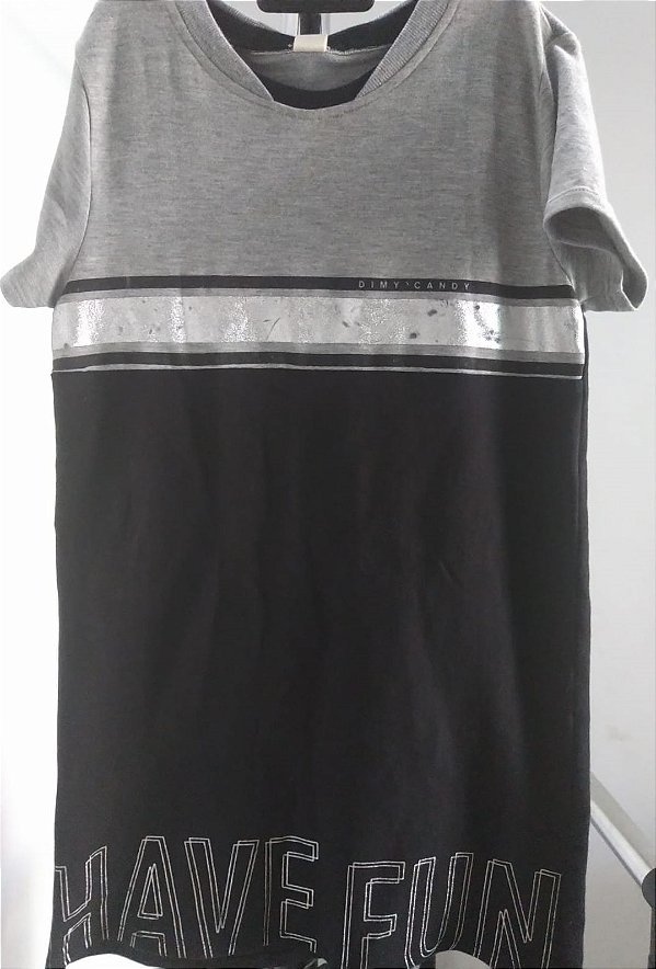 VESTIDO T-DRESS CINZA E PRETO HAVE FUN DIMY CANDY