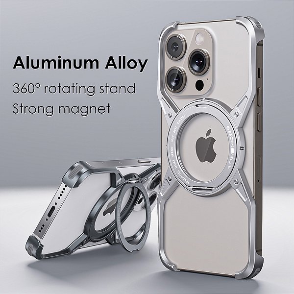 Metal Alumínio Liga 360 ° Rotation Stand Rimless Phone Case para iPhone 15 14 13 Pro Max MagSafe Magnetic Bumper Cover