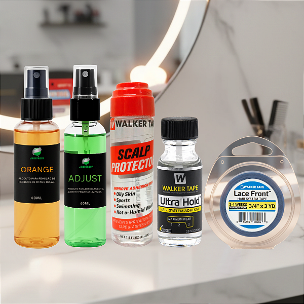 Kit Profissional - Removedores Adjust E Orange 60ml + Scalp Protector + Cola Ultra Hold 15ml+ Fita Azul Lace Front 3m x 1.9 cm