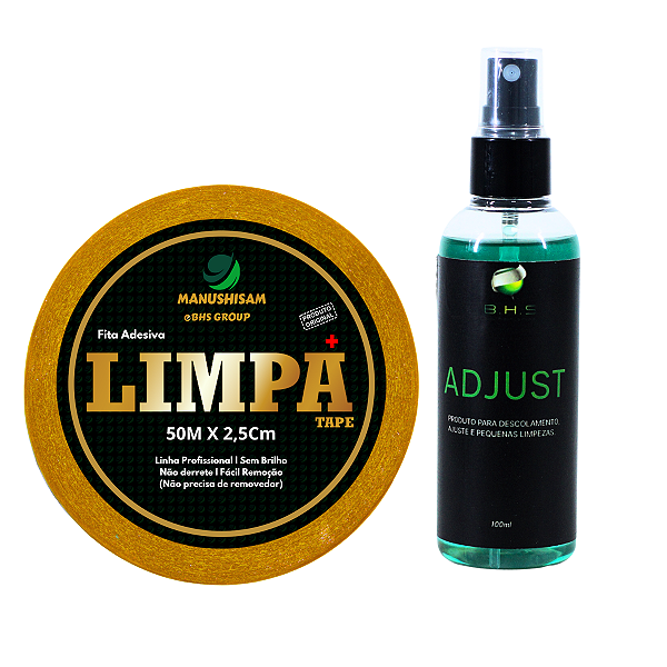 Kit De Manutenção Removedor Adjust 100 ml, Fita Limpa Tape 50m x 2,5 cm de largura Protese Capilar Silicone Hibrida , Peruca , Aplique Hair , BHS