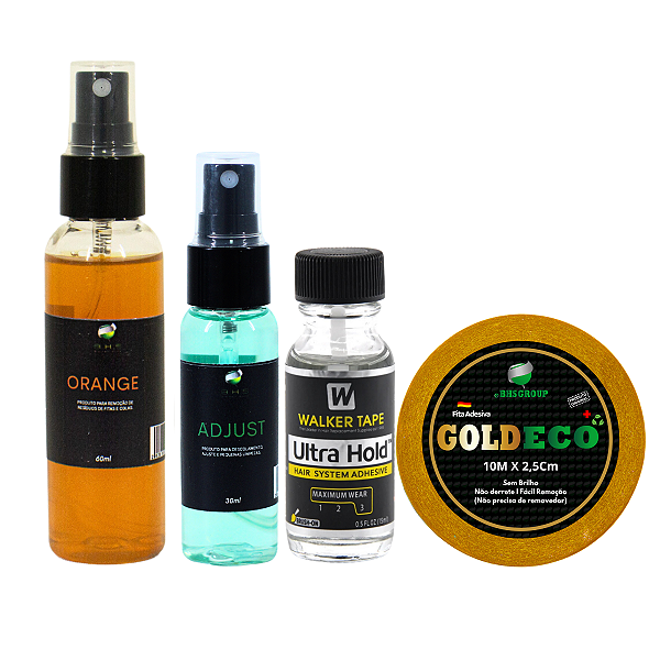 Kit Para Manutenção Capilar Removedor Orange eml + Adjust 30ml + Cola Ultra Hold 15ml + Fita Adesiva Goldeco 10mt x 2,5cm Protese Capilar Silicone Hibrida , Peruca , Aplique Hair , BHS