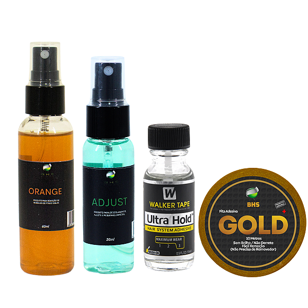 Kit De Manutenção Removedor Orange 60ml, Removedor Adjust 30ml, Cola Ultra Hold 15ml, Fita Amarela Adesiva Gold 10mt x 2,5cm Protese Capilar Silicone Hibrida , Peruca , Aplique Hair , BHS