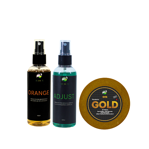 Kit De Manutenção Removedor Adjust 100ml, Removedor Orange 100ml, Fita Amarela Adesiva Gold 50mx2.5cm Protese Capilar Silicone Hibrida , Peruca , Aplique Hair , BHS
