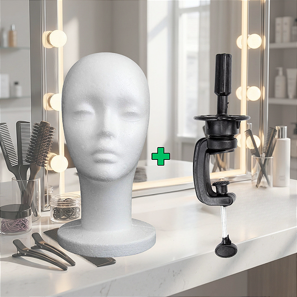 Kit Treino - Cabeça De Manequim Em Isopor Feminino + Suporte Preto de Mesa