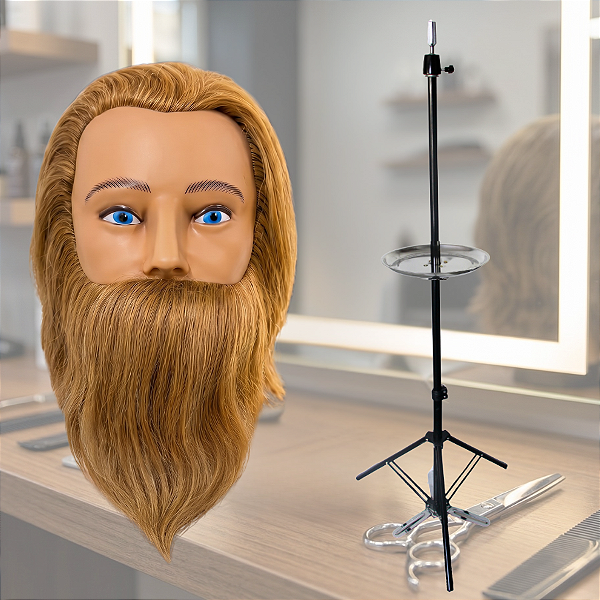 Kit Treino - Manequim Cabeça Com Barba Para Treino E Exposição + Tripé Suporte Para Cabeça Com Bandeja
