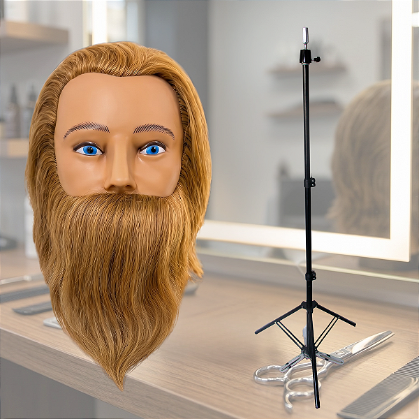 Kit Treino - Manequim Cabeça Com Barba Cabelo Humano + Tripé Suporte Para Cabeça Sem Bandeja
