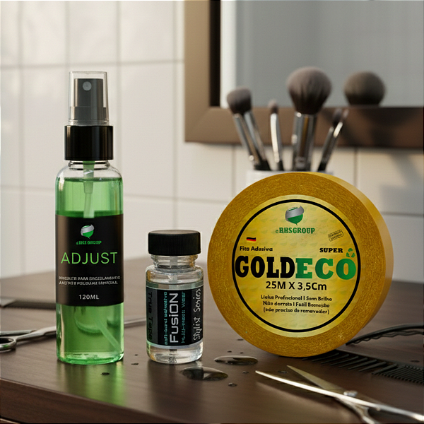 Kit Fixação Total - Fita Adesiva Goldeco 25m x 3,5cm + Cola Fusion Bond 40ml + Removedor Adjust 120ml