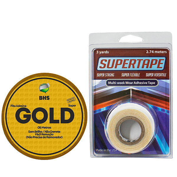 Kit De Manutenção Fita Adesiva Gold Super 5 metros x 3,5 cm + Fita Adesiva Super Tape 3 metros x 2,5cm Protese Capilar Silicone Hibrida , Peruca , Aplique Hair , BHS