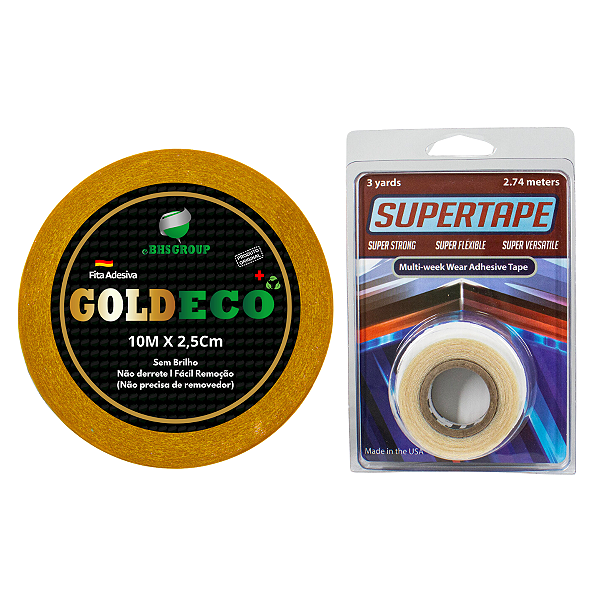 Kit De Manutenção Fita Adesiva Gold Eco+ 10 metros x 2,5 cm + Fita Adesiva Super Tape 3 metros x 2,5 cm Protese Capilar Silicone Hibrida , Peruca , Aplique Hair , BHS