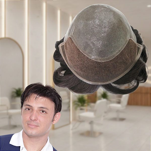 Prótese Capilar Masculina Base Micropele Frontal Em Tela Castanho Escuro 10% Grisalho 20x25cm 120 Densidade