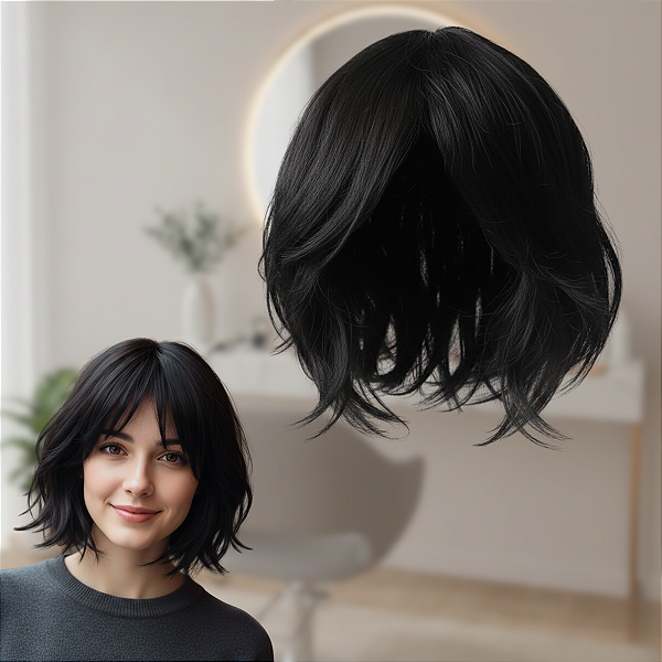 Peruca Unissex Curta Cabelo Humano Castanho Escuro