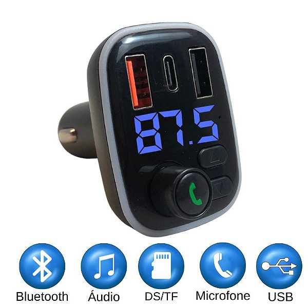 Carregador Para Carro Bluetooth Rádio FM Mp3 Player Pendrive Duplo USB Carga Rápida Visor Com LED