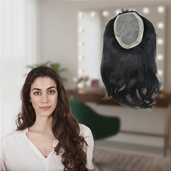 Topo Feminino Liso Cabelo Humano Base Transpirável Castanho Escuro 17,5X22,5C 120% Densidade 30cm Comprimento