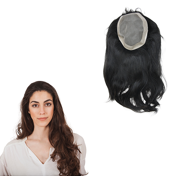 Topo Feminino Liso Cabelo Humano Base Transpirável Castanho Escuro 17,5X22,5C 120% Densidade 30cm Comprimento