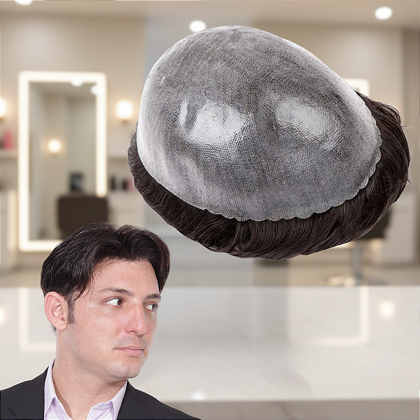 Prótese Capilar Masculina Micropele #1B65 Castanho Escuro 65% Grisalho 20x25cm 130% Densidade