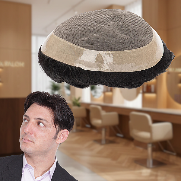 Prótese Capilar Masculina Resistente Transpirável #1B Castanho Escuro Já Com Corte 15x20cm