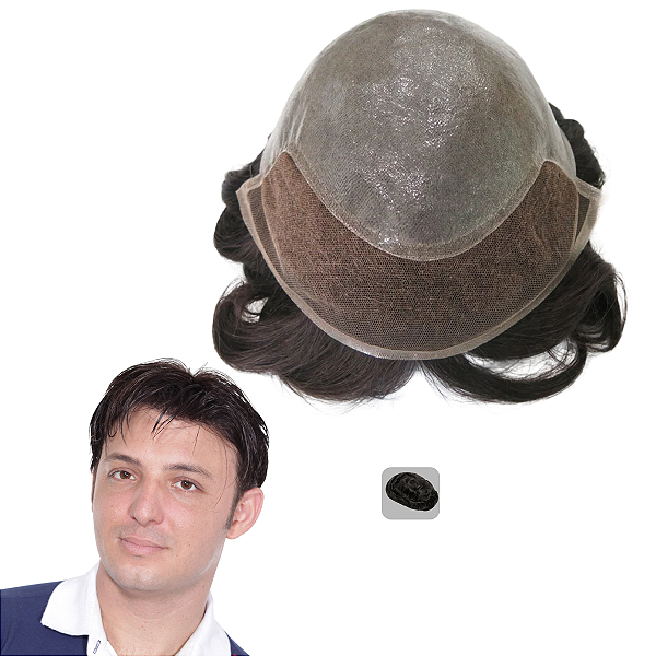 Prótese Capilar Masculina Base Micropele Frontal em Tela Castanho Escuro Com 20% 20x25 cm 120% Densidade