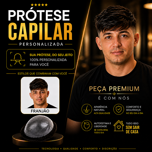 Prótese Capilar Pronta Micropele Corte Franjão Castanhos Escuros e Preto + Kit de Manutenção Grátis