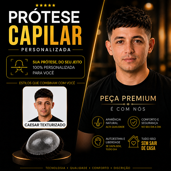 Prótese Capilar Pronta Micropele Corte Caesar Texturizado Castanhos Escuros e Preto + Kit de Manutenção Grátis