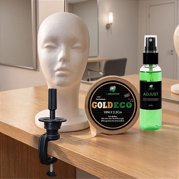 Kit Primeiros Passos - Cabeça de isopor + Suporte de mesa + Fita Gold Eco 10m x 2,5cm + Removedor Adjust 60 ml