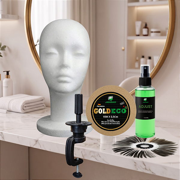 Kit Primeiros Passos - Fita Capilar Adesiva Gold Eco 15m X 2,5cm + Removedor Adjust 120ml + Manequim Cabeça De Isopor Feminino + Suporte De Mesa + Anel De Cores