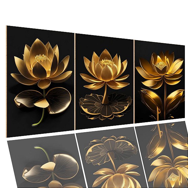 Quadros Decorativo Trio Flor Lotus Dourada 90x40 Sala Quarto