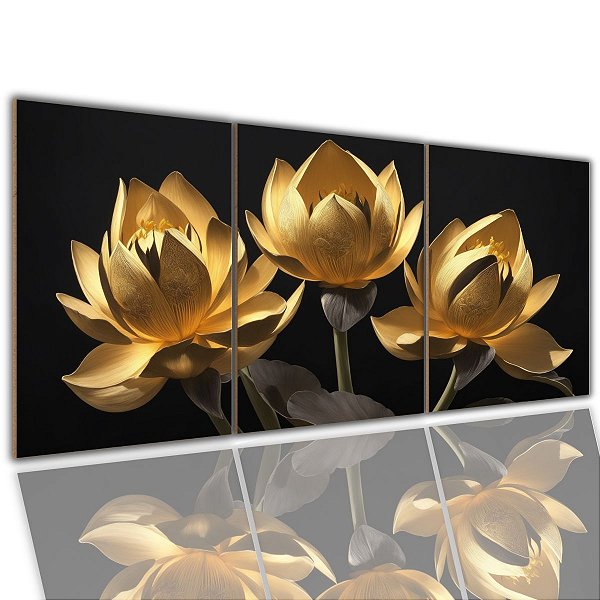 Quadros Decorativo Trio Flor Lotus Dourada 120x60 Sala Quarto