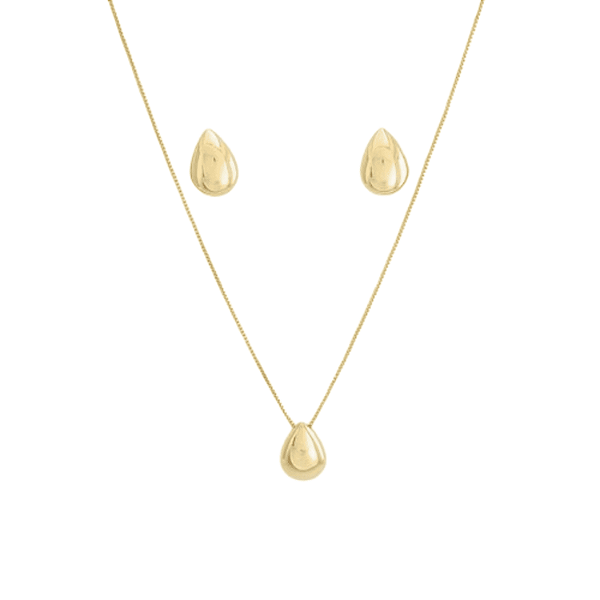 Conjunto Colar e Brinco Gota Lisa Banhado a Ouro