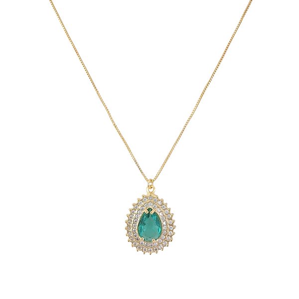 Colar Dourado Feminino com Gota Zircônia Verde
