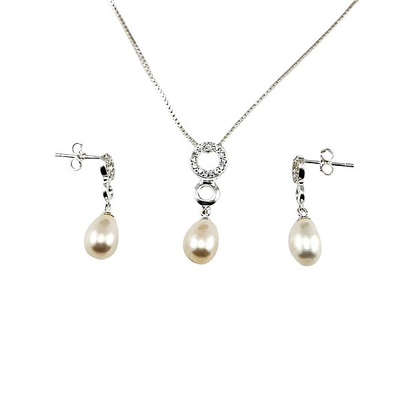 Conjunto Prata 925 Colar e Brinco com Zircônia e Pérola