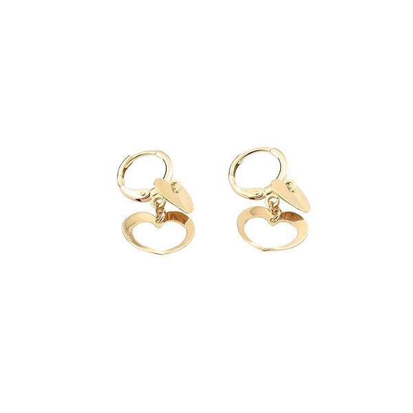 Brinco Argola Dois Corações Pendurados Banho Ouro 18k