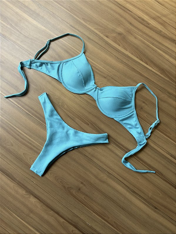 Biquíni Meia Taça Canelado Azul