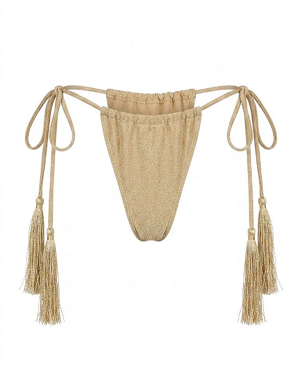 Calcinha de Biquíni Dourada com Amarração e Tassel