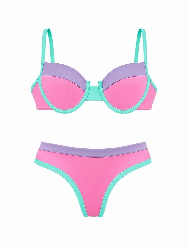 Biquíni Meia Taça Color Block Rosa Verde e Lilás