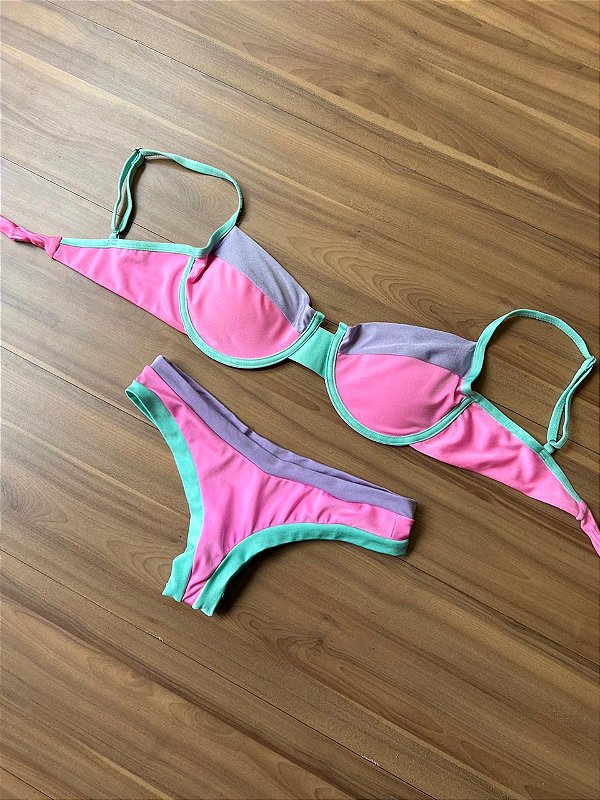 Biquíni Meia Taça Color Block Rosa Verde e Lilás
