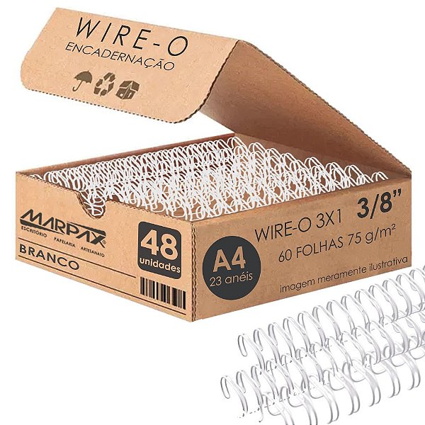 Wire-o Para Encadernação 3x1 A4 Branco 3/8 Para 60fls 48un Branco Marpax Cod 257186
