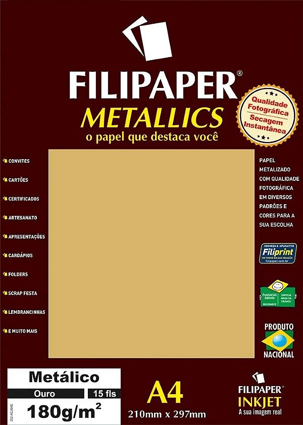 Papel Ouro Metálico A4 210x297mm 180g/m² Filipaper 15 Folhas Ouro Marpax Cod 258688