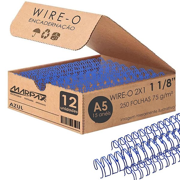 Wire-o Para Encadernação A5 1 1/8 2x1 Para 250fls Azul 12un Azul Marpax Cod 257997