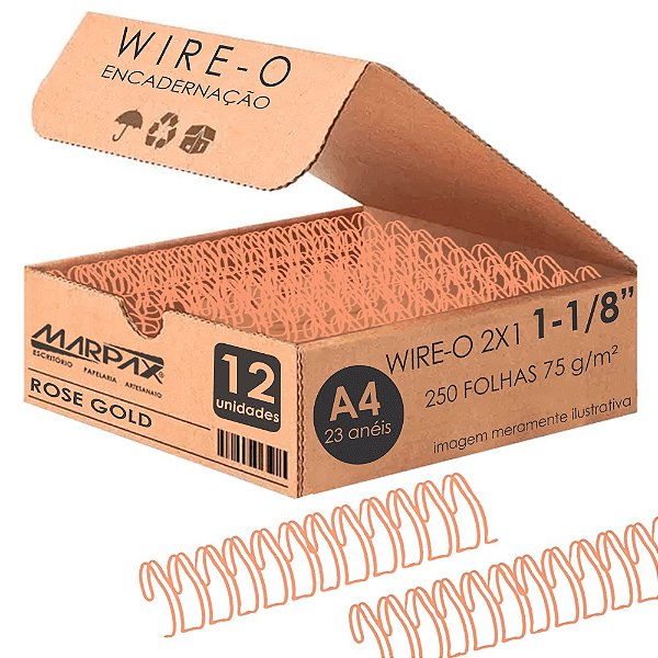 Wire-o Para Encadernação 2x1 A4 Rose Gold 1 1/8 250 Fls 12un Rose Marpax Cod 258102