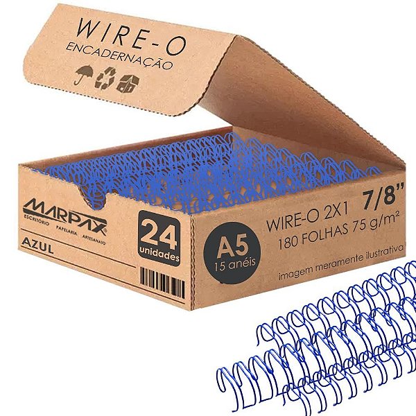 Wire-o Para Encadernação A5 7/8 2x1 Para 180fls Azul 24un Azul Marpax Cod 256803