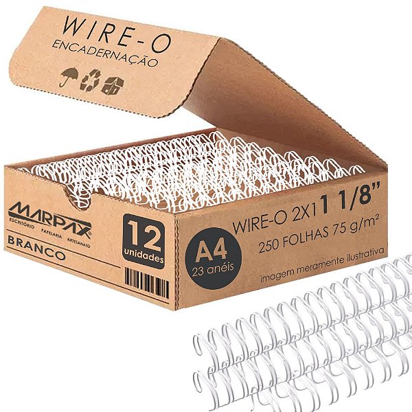 Wire-o Para Encadernação 2x1 A4 Branco 1 1/8 250fls 12un Branco Marpax Cod 257699