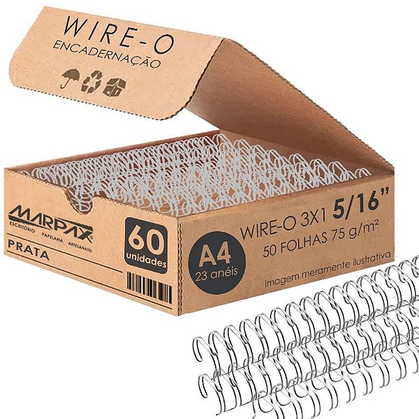 Wire-o Para Encadernação 3x1 A4 Prata 5/16 Para 50fls 60un  Marpax Cod 257172