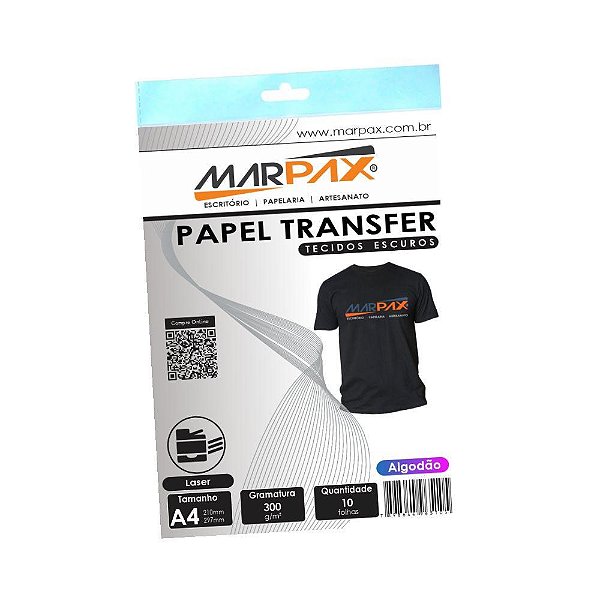 Papel Transfer Laser A4 Tecidos Escuros 300g/m² Marpax 10fls Branco Marpax Cod 257214