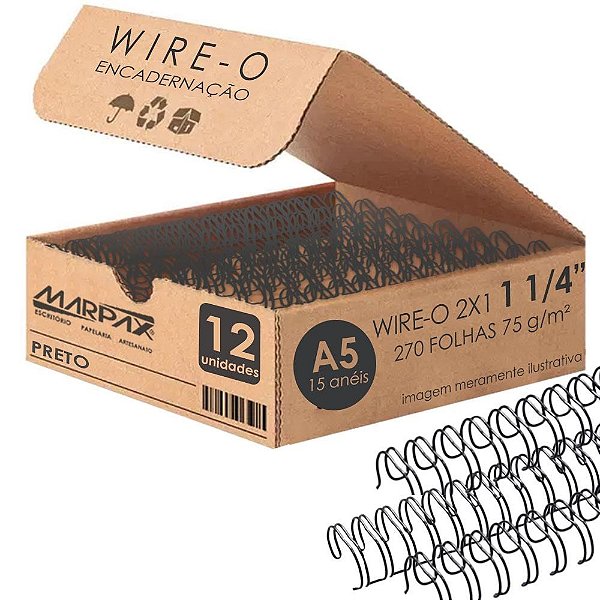 Wire-o Para Encadernação A5 1 1/4 2x1 Para 270fls Preto 12un Preto Marpax Cod 257994