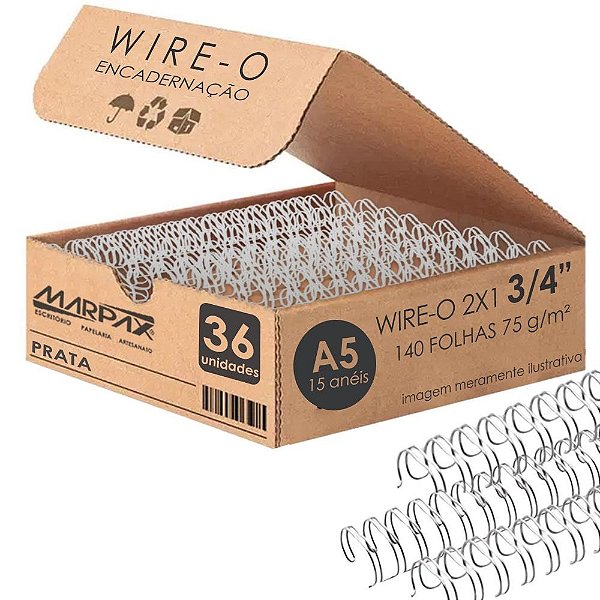 Wire-o Para Encadernação A5 3/4 2x1 Para 140fls Prata 36un  Marpax Cod 258040