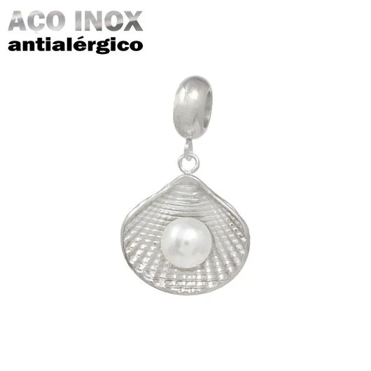Berloque Concha com Pérola em Aço Inox